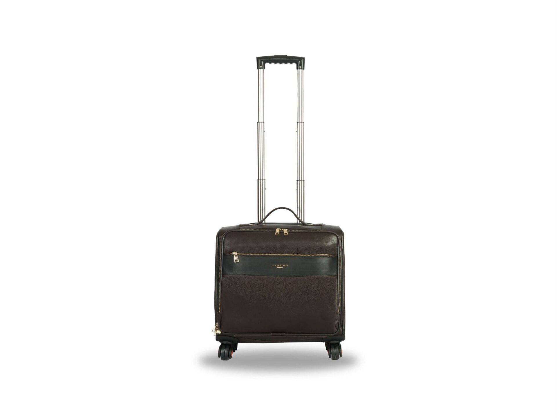 Walter Brown Leather Trolley Bag With 360° Degree Rotating Wheels- Silver Street London