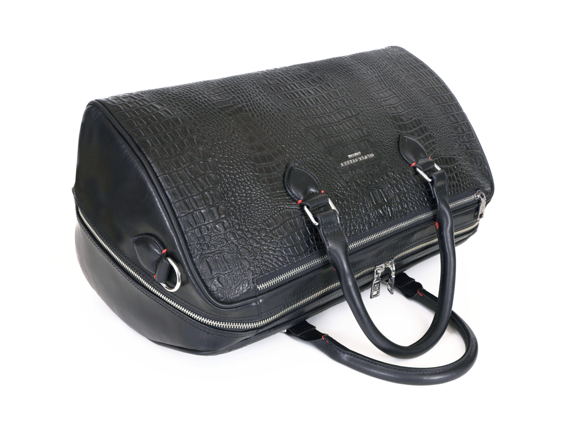 CROCO Textured Leather Duffle Bag For Men Black Silver Street