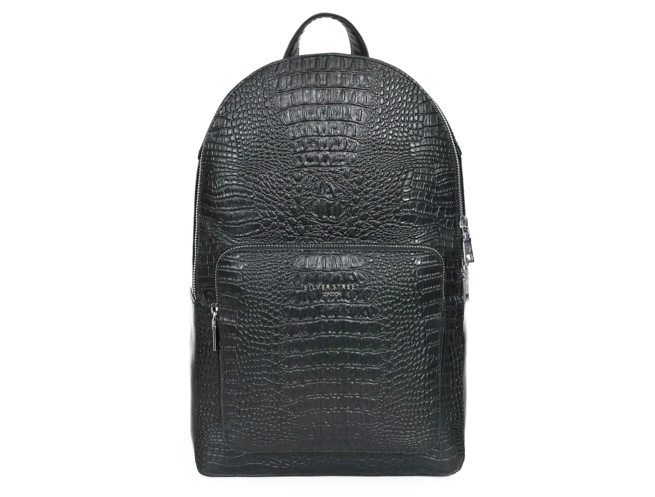CROCO Textured Black Leather Backpack - Silver Street London